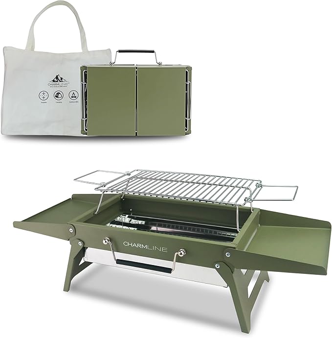 Charmline 14x9 inches Small Portable Charcoal Grill, Camping Gift for Outdoor Enthusias, Tabletop Charcoal Grills for Camping, Picnics, Gardens and Beach Parties, Green