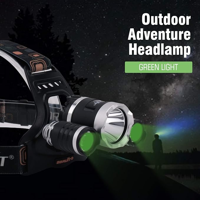BORUIT RJ-3000 LED Green Headlamp,3 Modes White and Green LED Hunting Headlight,Super Bright USB Rechargeable Tactical Head lamp for Fishing Running Camping Hiking