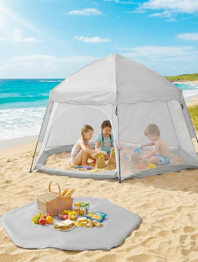 Portable Large Kids Beach Tent Shelter with Canopy UV Cover, Indoor Outdoor Camping Tent,with Thick Removable Floor for Sleeping Or Beach Shelter (Light Grey)