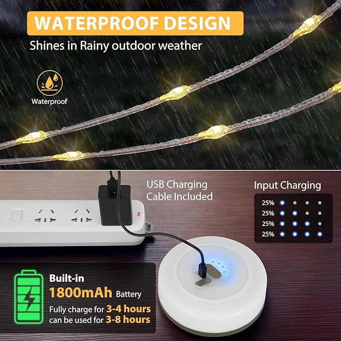 2Pack Camping String Lights, 4 in 1 Quick Storage Camping Essentials Gear 32.8FT Rechargeable Tent Lights with 9 Modes Hanging Waterproof LED Camp Lamp for Camping Hiking Patio Festival (Warm +RGB)