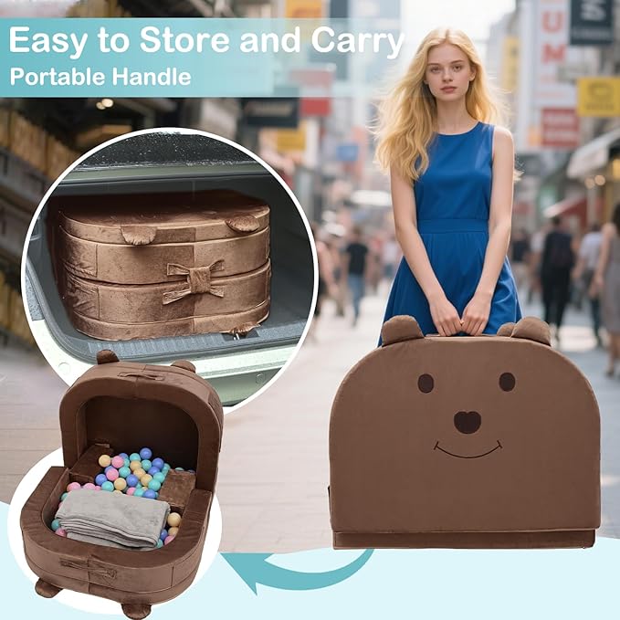 Toddler Travel Bed,Foldable&Portable Baby Cot for Kids with Removable Pillow,200GSM Dutch Fleece &28D High-Density Sponge,Bear-Shaped 2-in-1Design for Naps,Lounger,and Little Sofa at Home or Travel
