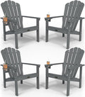 Stackable Adirondack Chair Set of 4, HDPE All-Weather Adirondack Chairs - Durable and Space Saving, Plastic Outdoor Fire Pit Chairs with Cup Holder,Grey