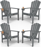 Stackable Adirondack Chair Set of 4, HDPE All-Weather Adirondack Chairs - Durable and Space Saving, Plastic Outdoor Fire Pit Chairs with Cup Holder,Grey