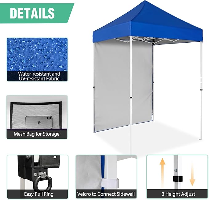 5x5 Pop Up Canopy Tent with One Sidewall, Instant Portable Beach Canopy, Outdoor Tent with Carry Bag for Camping, Sports, Tailgating, Events, Blue