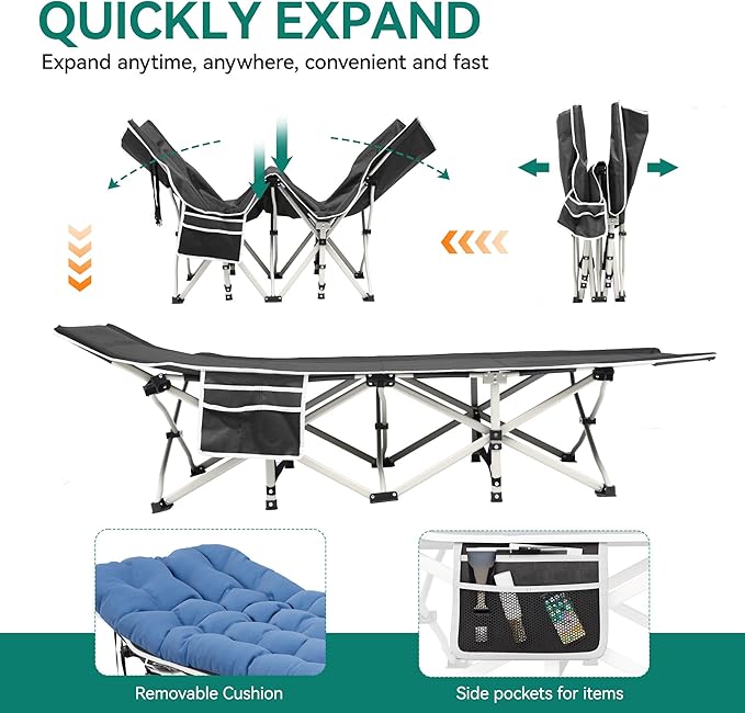 YITAHOME Camping Cots w/Mattress Portable Lounge Chair Outdoor Folding Cot Heavy Duty 575 LB Capacity 1200D Oxford w/Carry Bag Travel Camp Bed for Camping, Office, Traveling, Navy Blue