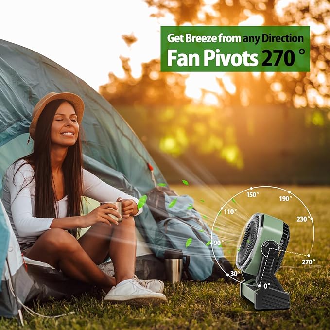 20000mAh Battery Powered Camping Fan, 58Hrs Rechargeable Portable Fan, 400LM Light, 360° Hook, Whisper Quiet Battery Operated Fan for Outdoor Car Travel Hurricane Camping Gear Essentials Power Outages