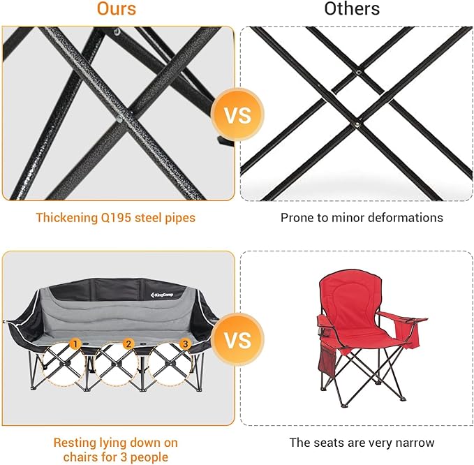 KingCamp 3 Person Camping Chair, Oversized 660lbs Heavy Duty Loveseat for Adults Portable Folding XL 2 Person Couch Padded Comfortable Three Seat with Cup Holder for Outdoor Lawn, Khaki/Coffee