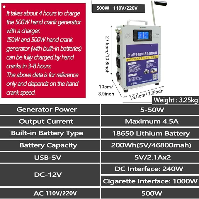 150W/500W Outdoor Emergency Generator, Portable Hand Crank Generator,110v /220v DC12V USB 5V Small Power Supply,for Emergency,Camping,Sudden Power Outages,500W-220V