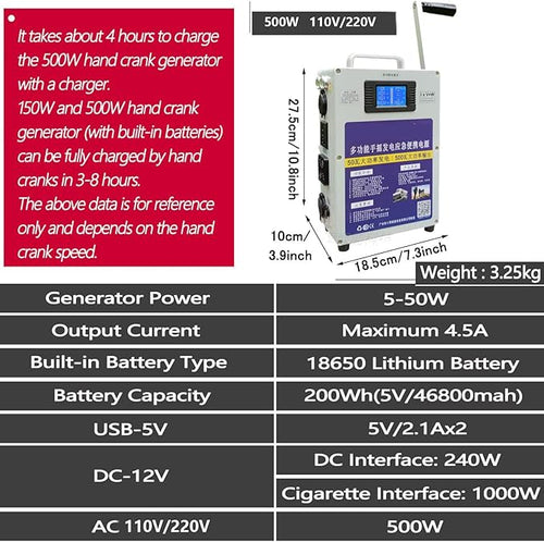 150W/500W Portable Hand Crank Generator 110V/220V, Large Capacity Lithium Battery, Power Supply USB Charger Phone Car Charging Survival for Outdoor Emergency Power Camping,500W-220V