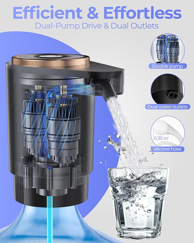 Water Jug Pump for 5 Gallon Bottle – Portable Electric USB-C Charging Dispenser, Dual Powerful Motors, Fast Flow, Fits 2-5 Gallon Jugs – Ideal for Home, Office, Camping, RV, Black