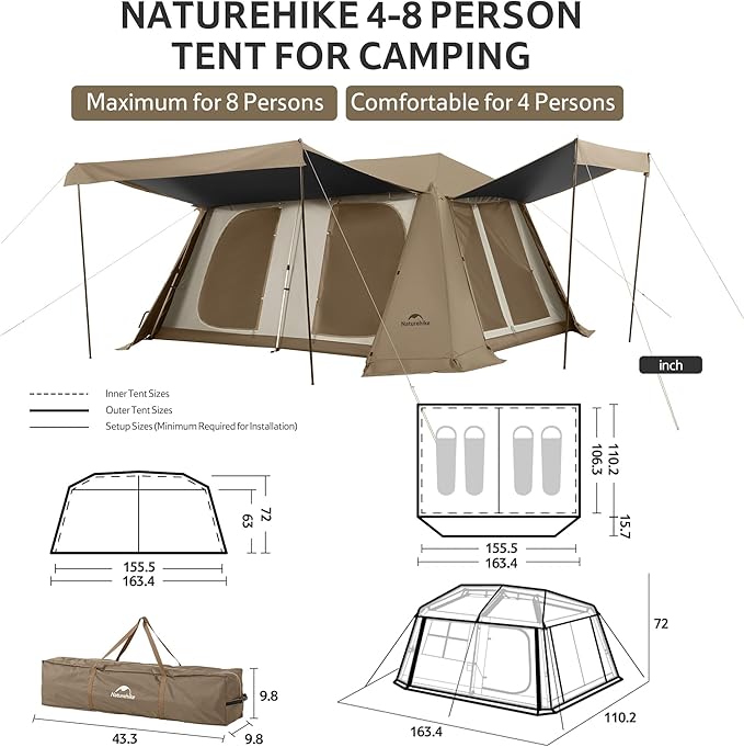 Naturehike Village Instant Tent, 4 Person 8 Person Camping Tent with Full Rainfly, Waterproof Large Cabin Tents for Car Camping