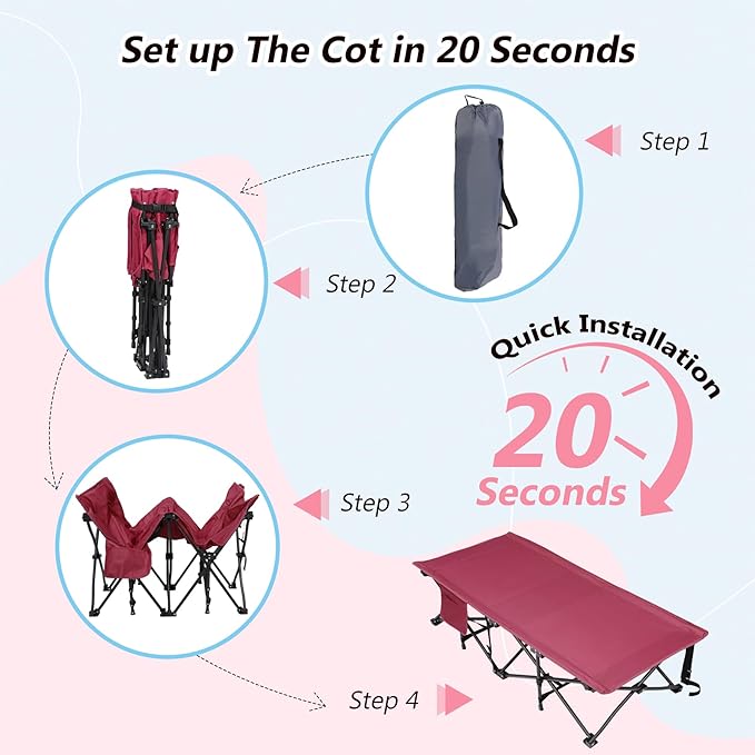 REDCAMP Extra Long Kids Cot for Sleeping 2-7 Years, Portable Travel Toddler Cot Bed with Carry Bag, Lightweight for Outdoor Indoor Home, Wine Red 53''x26''