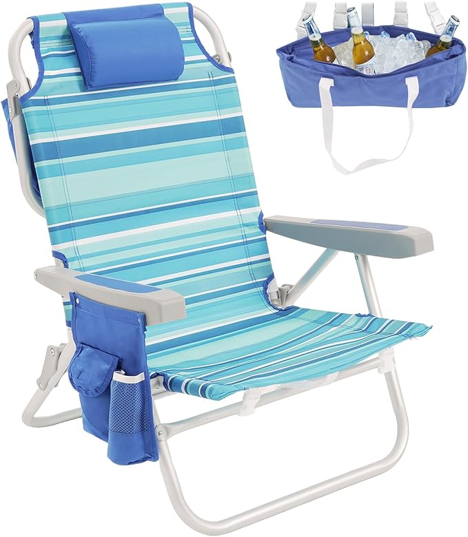 SUNNYFEEL Low Beach Chairs for Adults 5 Position Lay Flat, Portable Folding Backpack Beach Chair Heavy Duty with Cooler Bag, Cup Holder for Outdoor/Lawn/Picnic/Sand, Foldable Camping Chair
