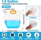 16 Pcs Water Emergency Container Bag, 1.3 Gallon Storage Bags, Freezable, BPA Free Food Grade Clear Plastic Water Carrier Tank, Foldable Storage Bottle for Camping Riding