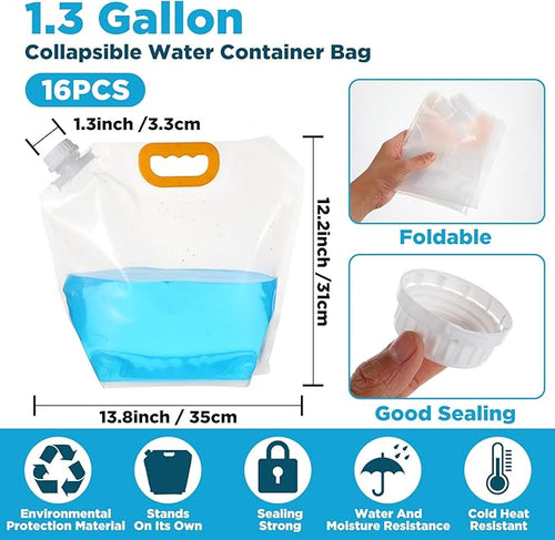 16 Pcs Water Emergency Container Bag, 1.3 Gallon Storage Bags, Freezable, BPA Free Food Grade Clear Plastic Water Carrier Tank, Foldable Storage Bottle for Camping Riding