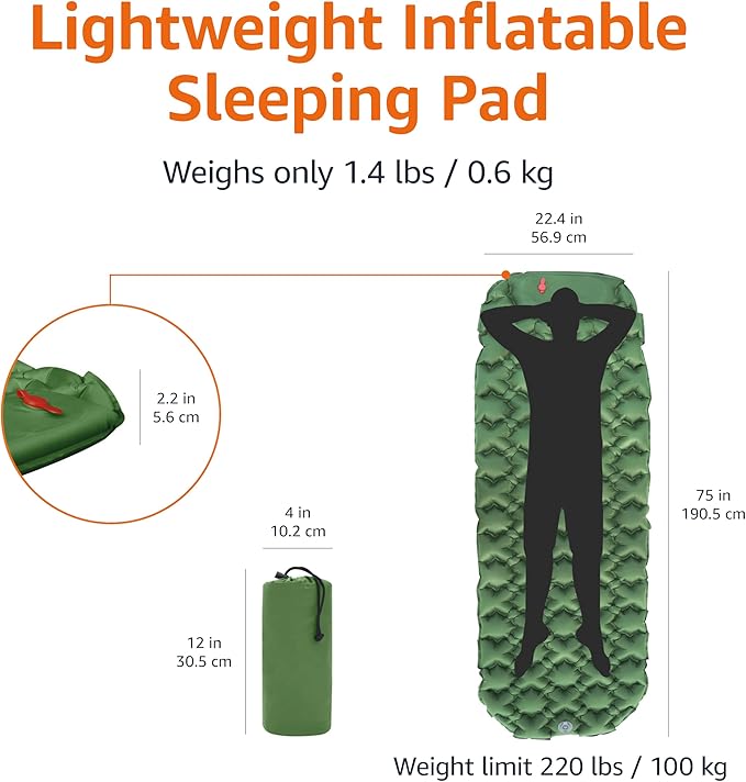 Amazon Basics Camping Sleeping Pad with Quick-Inflate Built-in Foot Pump, Water Resistant, Ultralight, Portable for Hiking and Backpacking, Olive Green