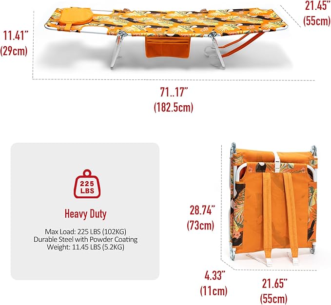 SUNNYFEEL Beach Lounge Chair, Backpack Reclining Beach Chairs Lay Flat, Sun Face Down Tanning Chair, Folding Camping Chairs Portable Camp Cot with Backpack Straps for Outdoor/Picnic/Lawn