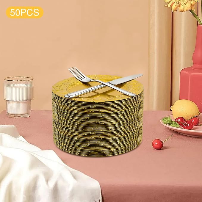 50 Pcs Gold Charger Plates Bulk, 13" Round Plastic Embossed Charger Plates, Decorative Table Dinner Chargers for Thanksgiving, Halloween, Wedding, Party, Christmas, Decor (Gold)