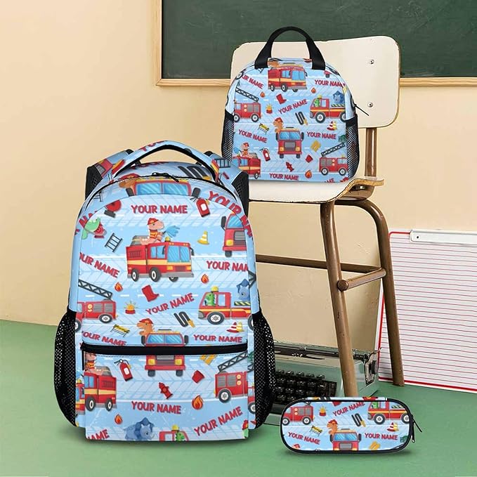 Custom Backpacks for Kids, Set of 3 Fire Truck School Backpacks Matching Combo for Boys Students, Personalized Lightweight Truck Bookbag with Lunch Box Set for School Camp Travel