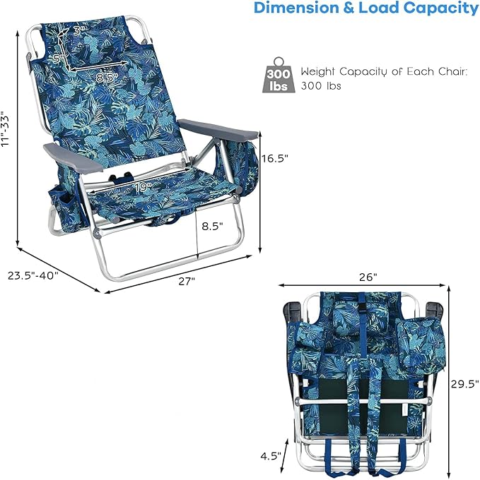 Goplus Beach Chair, Folding Backpack Beach Chairs for Adults with 5 Positions, Head Pillow, Cooler Bag, Towel Bar, Cup Holders, Sunbath Sling Tanning Lounge, Foldable Layout Camping Chairs