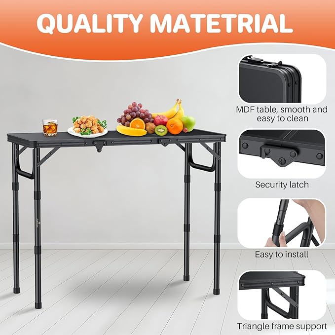 FUNYKICH 3ft Camping Folding Table L34.2''xW15.7'', 3 Adjustable Height Portable Small Folding Tables, Lightweight Aluminum Beach Table with Carry Handle for Camping, Backyard BBQ, Picnic, Travel