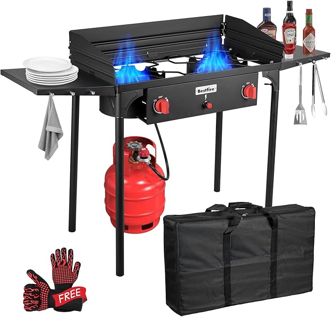 Bestfire 2 Burner Camping Stove with Windpanel& Side Shelves, Bag, Auto Ignition Button,Regulator,150,000 BTU High Pressure Camping Stove Propane Burner With Removable Legs for Outdoor BBQ&Backyard