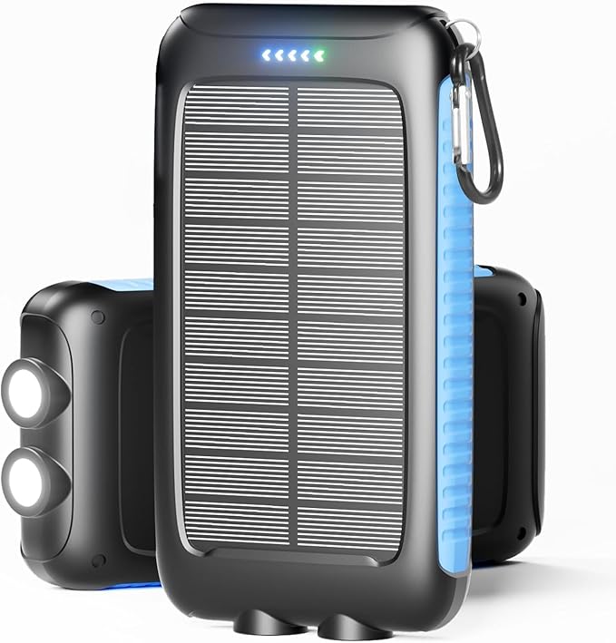 Solar Charger Power Bank 16000mAh Portable 15W Fast Charging Power Bank with QC3.0 USB-C & Dual USB-A Ports for Cell Phones, LED Flashlight, Carabiner, Waterproof Solar Panel for Camping, Outdoor