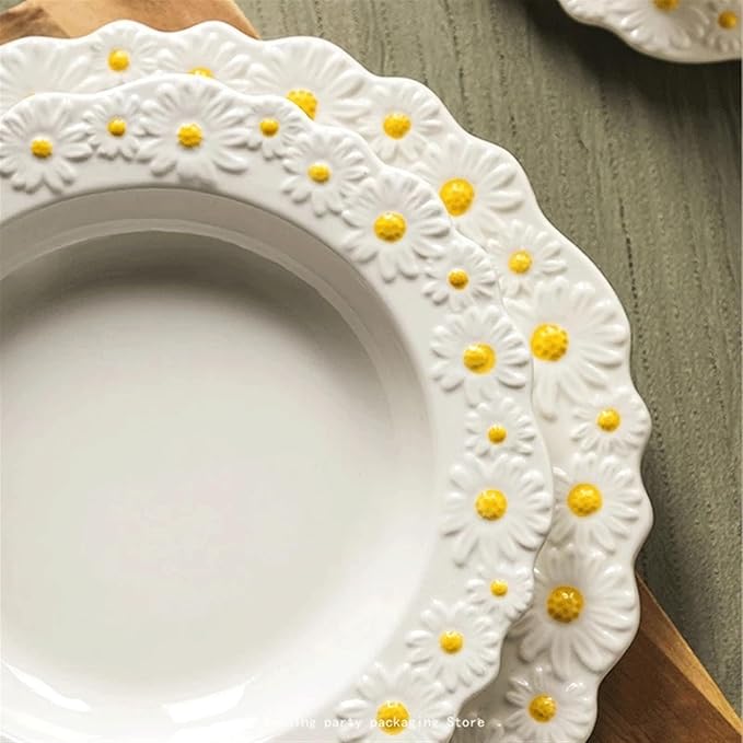 Camping Plates Ceramic Dinner Plate Embossed Dinner Plate Restaurant Western Food Plate Home Kitchen Dessert Plate Tableware Decorative Plate(25cm)