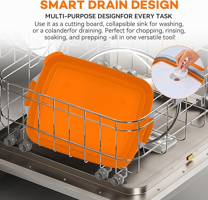 Collapsible BBQ Prep Tub with Cutting Board & Lid, Folding Food Container BPA-Free Heavy-Duty, Dishwasher Safe, Upgraded Drain Hole - for Camping, Grilling Outdoor Cooking (Orange, XX-Large)