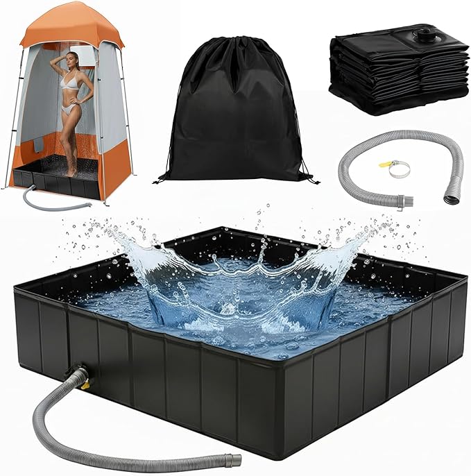 Portable Shower Pan 41"x41"x10" Large Outdoor Shower Tray Foldable Shower Base & Basin Floor for Camping RV Beach Pool Deck Pet Bathing Outdoor Indoor Shower Stall Enclosures