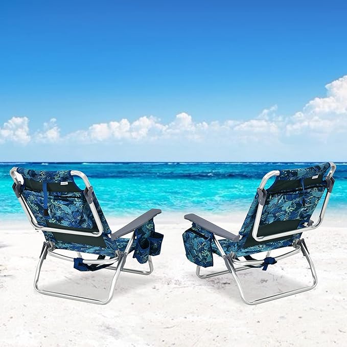 Goplus Beach Chair, Folding Backpack Beach Chairs for Adults with 5 Positions, Head Pillow, Cooler Bag, Towel Bar, Cup Holders, Sunbath Sling Tanning Lounge, Foldable Layout Camping Chairs