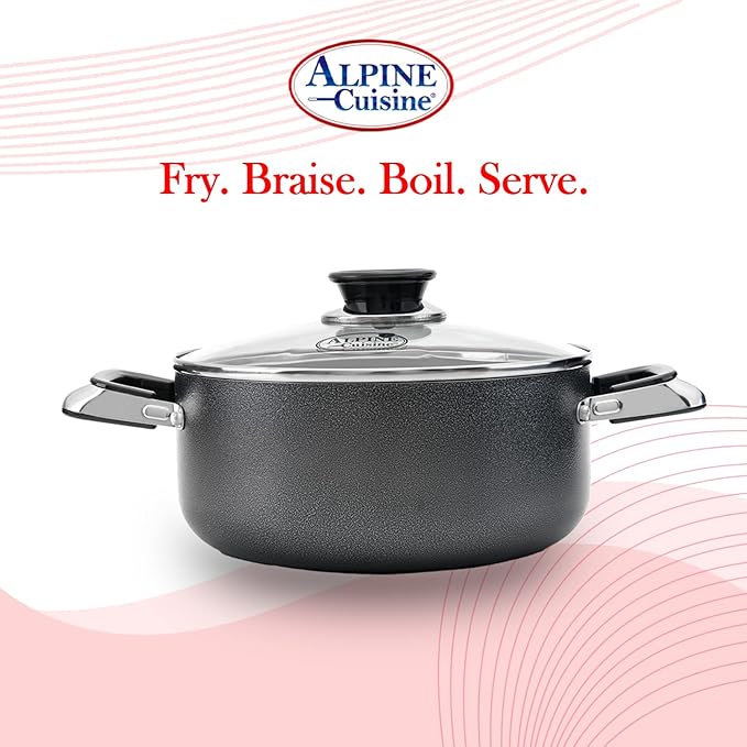 Alpine Cuisine 3 Quart Non-stick Stock Pot with Tempered Glass Lid and Carrying Handles, Multi-Purpose Cookware Aluminum Dutch Oven for Braising, Boiling, Stewing