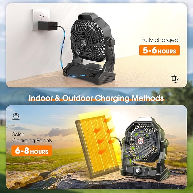 Rechargeable Solar Powered Fan,(30Hours Working) Solar Camping Fans & Led Lantern,8-inch Portable Fan with 7W Solar Panel, Battery Operated Powered Outdoor Tent Fans for Camping Essentials Accessories