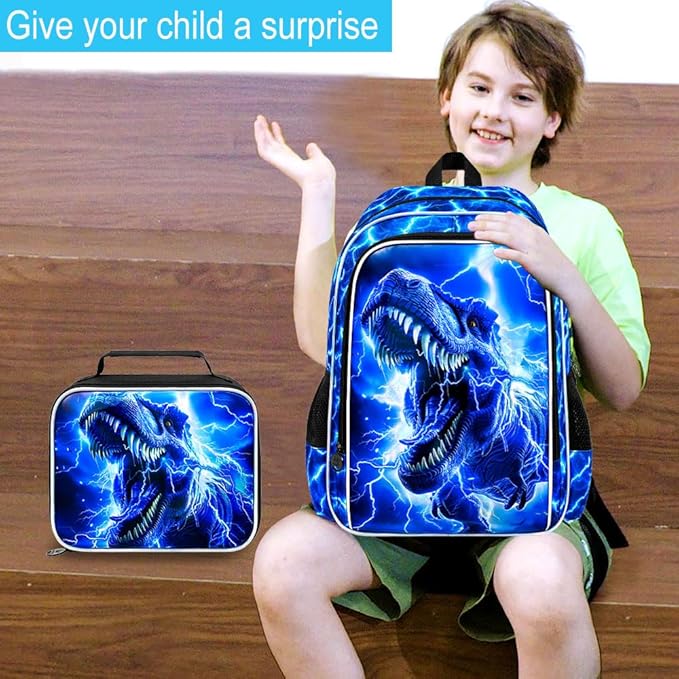 17" Dinosaur Backpack for Boy, 3Pcs Lightning Bookbag for Elementary Preschool Kindergarten, Kids School Backpacks with Lunch Box (Blue)