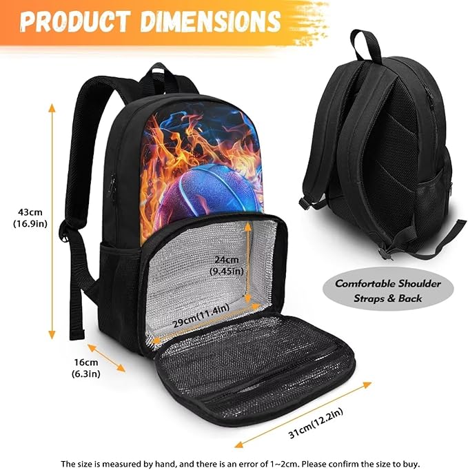 Casual Bookbag Laptop Backpacks Hiking Outdoor Insulated Unisex Lunch Cooler Backpack All In One Food Backpack Meal Bag Travel Work Daypack for Men Women, Fire Flame Basketball