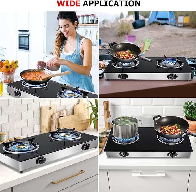 forimo Propane Gas Cooktop 2 Burners Gas Stove portable Tempered Glass Double Burners Stove Auto Ignition Camping Double Burner LPG for RV,Apartments,Outdoor