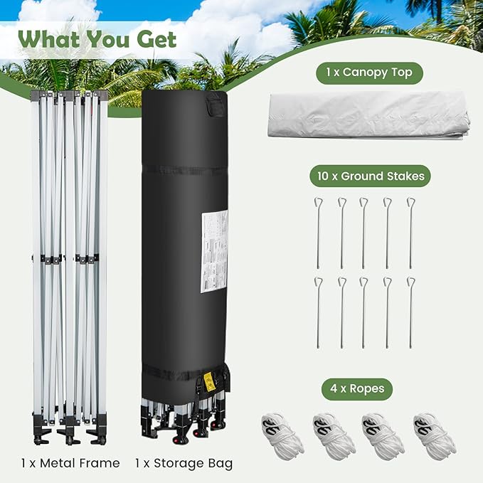 Tangkula 10x20 Ft Pop Up Canopy, UPF 50+ Easy Setup Instant Canopy Tent with 1-Push Center Lock, Wheeled Bag, 8 Stakes, 4 Ropes, Outdoor Commercial Sun Shelter Tent for Camping, Travel, Picnic