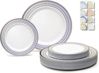 OCCASIONS 240 Piece Heavy Duty Disposable Plastic Plates Set for 120 Guests – Includes 10.5" Dinner & 7.5" Dessert Plates, Elegant Party Plates for Weddings, Events, Odyssey in Blue & Gold Rim.