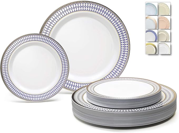 OCCASIONS 240 Piece Heavy Duty Disposable Plastic Plates Set for 120 Guests – Includes 10.5" Dinner & 7.5" Dessert Plates, Elegant Party Plates for Weddings, Events, Odyssey in Blue & Gold Rim.