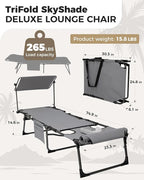 KingCamp 2 Pack Tanning Chair with Face Hole, Lounge Chairs Outdoor Folding Comfy Adjustable 5-Position Foldable Chaise Chaser with Canopy Shade for Outside Beach Patio, Grey