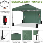 10'x10' Pop Up Canopy Tent with 1 Sidewall and 6 Pockets, One Push Setup, Instant Shade Tent with Vented Roof for Beach Patio Outdoor, Case, 8 Stakes, 4 Ropes, 4 Sandbags (Green, 10x10)