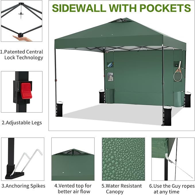 10'x10' Pop Up Canopy Tent with 1 Sidewall and 6 Pockets, One Push Setup, Instant Shade Tent with Vented Roof for Beach Patio Outdoor, Case, 8 Stakes, 4 Ropes, 4 Sandbags (Green, 10x10)