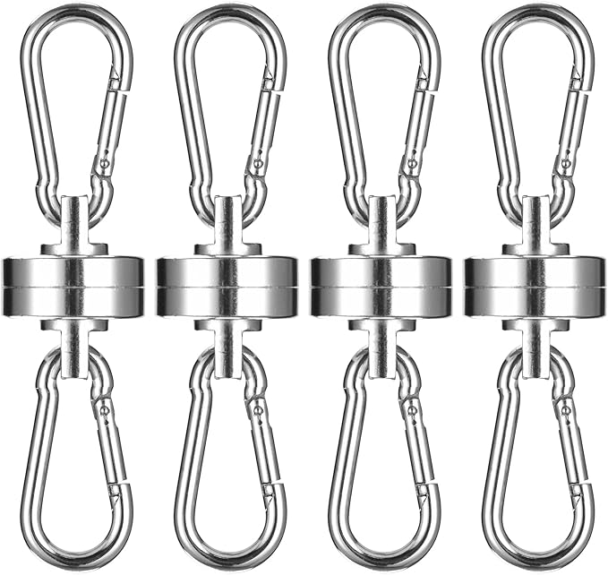 Heavy Duty Magnetic Clips with Carabiner, 8-Pack (4 Pairs) | 40LB Strong Silver Neodymium Magnets for Tent, Awning, RV & Cruise Cabin | No Drill Hooks, Camping Essentials & Tent Accessories