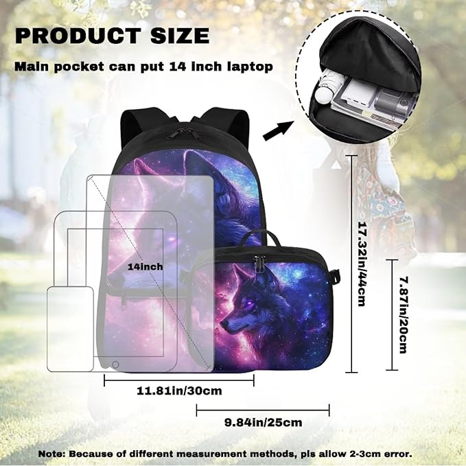 Galaxy Backpack for Men Wolf School Bag for Travel Lightweight Mens Bookbag with Lunch Box for Outdoor Hiking Camping Casual Daycare Back Pack
