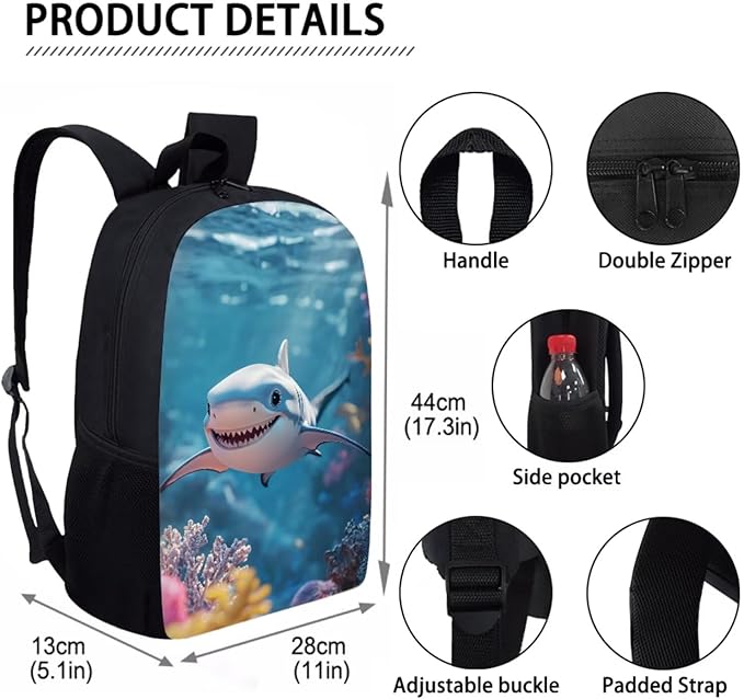 Shark Backpack for Boys With Lunchbox 3 Piece Backpack Set 17 Inch Soft Zipper Pencil Case Kindergarten Elementary Middle Travel Backpacks for Kids Mochilas Escolares Para Niños