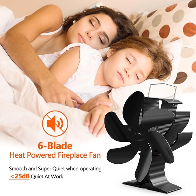HIDALIFE Wood Stove Fan for Heater, Heat Powered Fireplace 6 Blades Fan with Bracket Compatible for Heater,Thermal Tent Heater Fan for Camping Propane Heater with Magnetic Thermometer