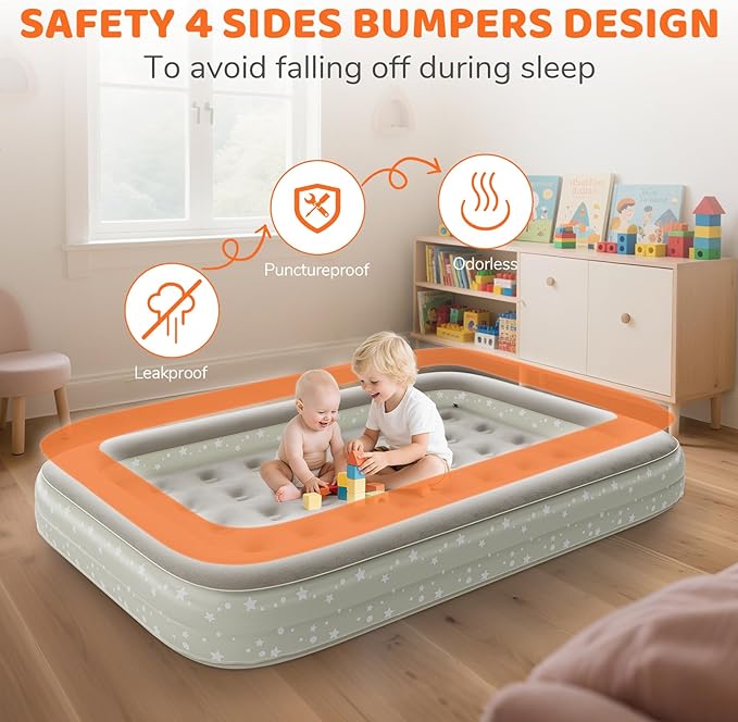 Inflatable Toddler Travel Bed: Portable Blow Up Travel Toddler Bed with Safety Sides - Toddler Air Mattress with Electric Pump ＆ Carry Bag,Ideal for Sleeping and Outdoor Camping (Beige, 60")