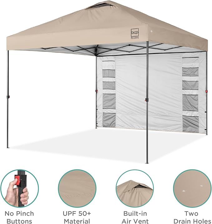Best Choice Products 10x10ft Pop Up Canopy Tent with Sidewall, 1 Person 1 Minute Set Up, Carry Case, 4 Weight Bags - Sand