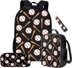 Baseball Bookbag with Insulated Lunchbox Pencil Holder Set,4 in 1 Flame Baseball Children Backpack for Kindergarten Elementary Middle 17 Inch Daypack for Camping Travel