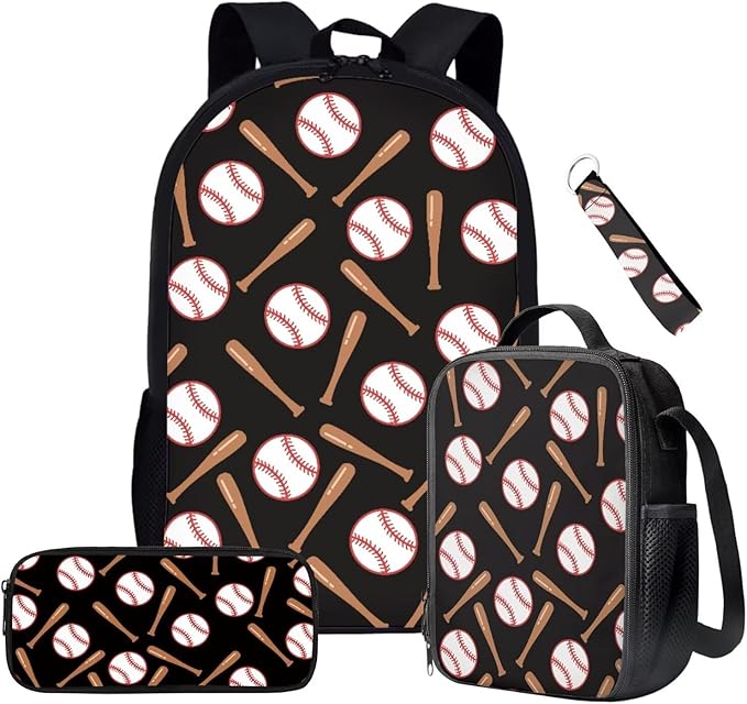Baseball Bookbag with Insulated Lunchbox Pencil Holder Set,4 in 1 Flame Baseball Children Backpack for Kindergarten Elementary Middle 17 Inch Daypack for Camping Travel